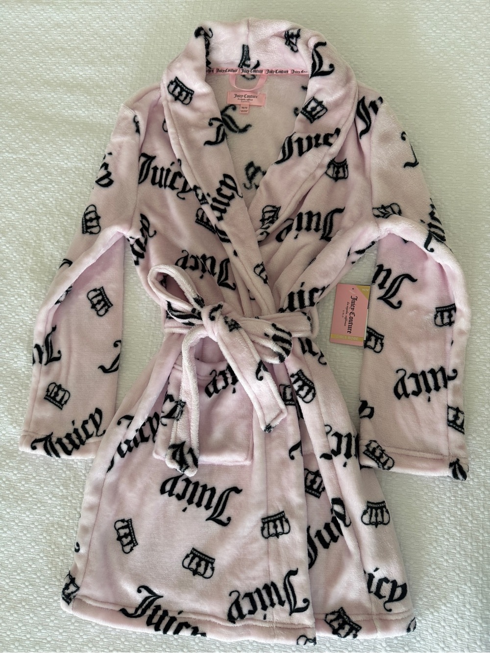 Juicy Couture Girls Light Pink Plush Robe with Black Logo Print